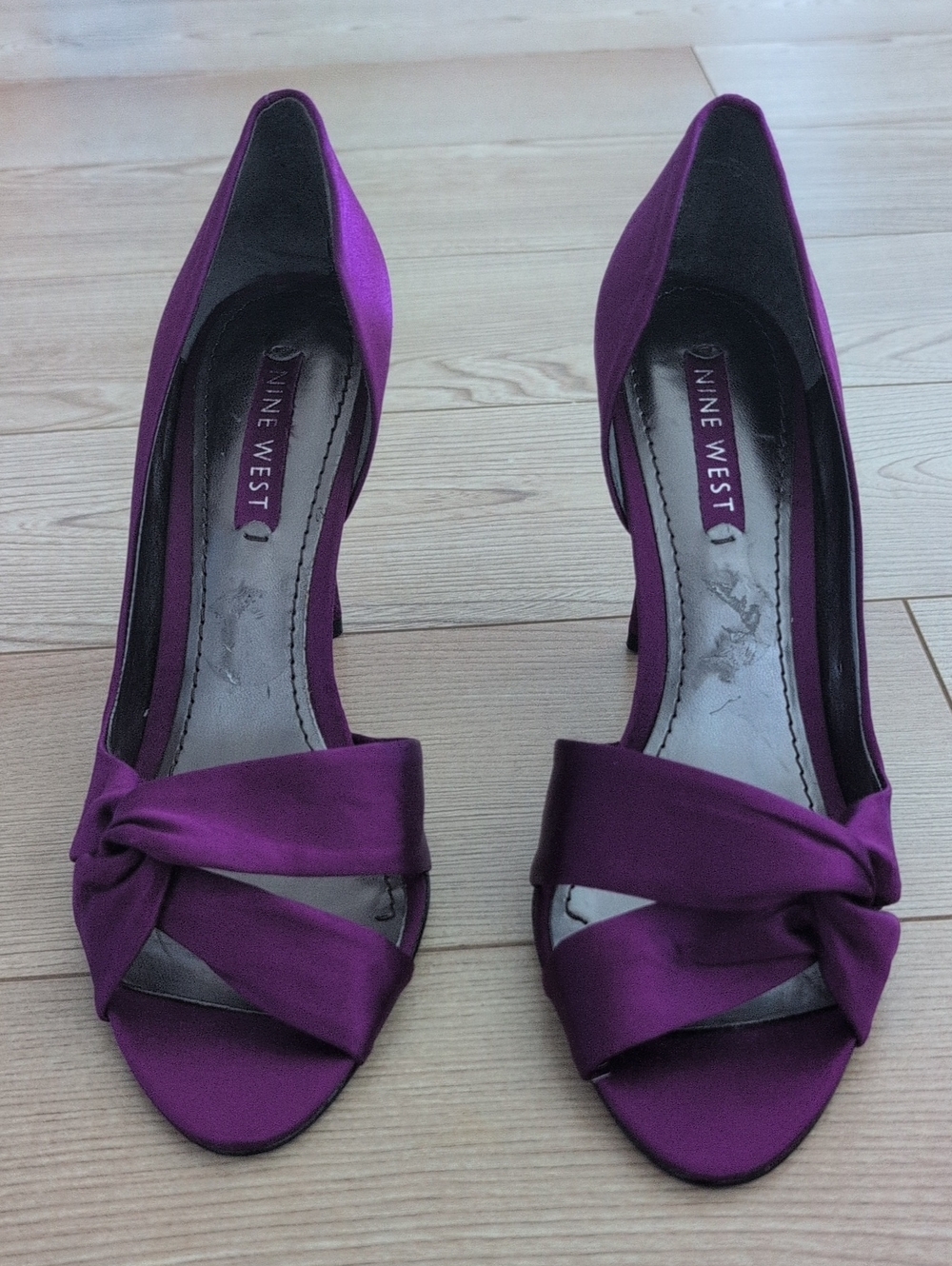 Nine West Purple Satin Knot Peep-Toe Heels